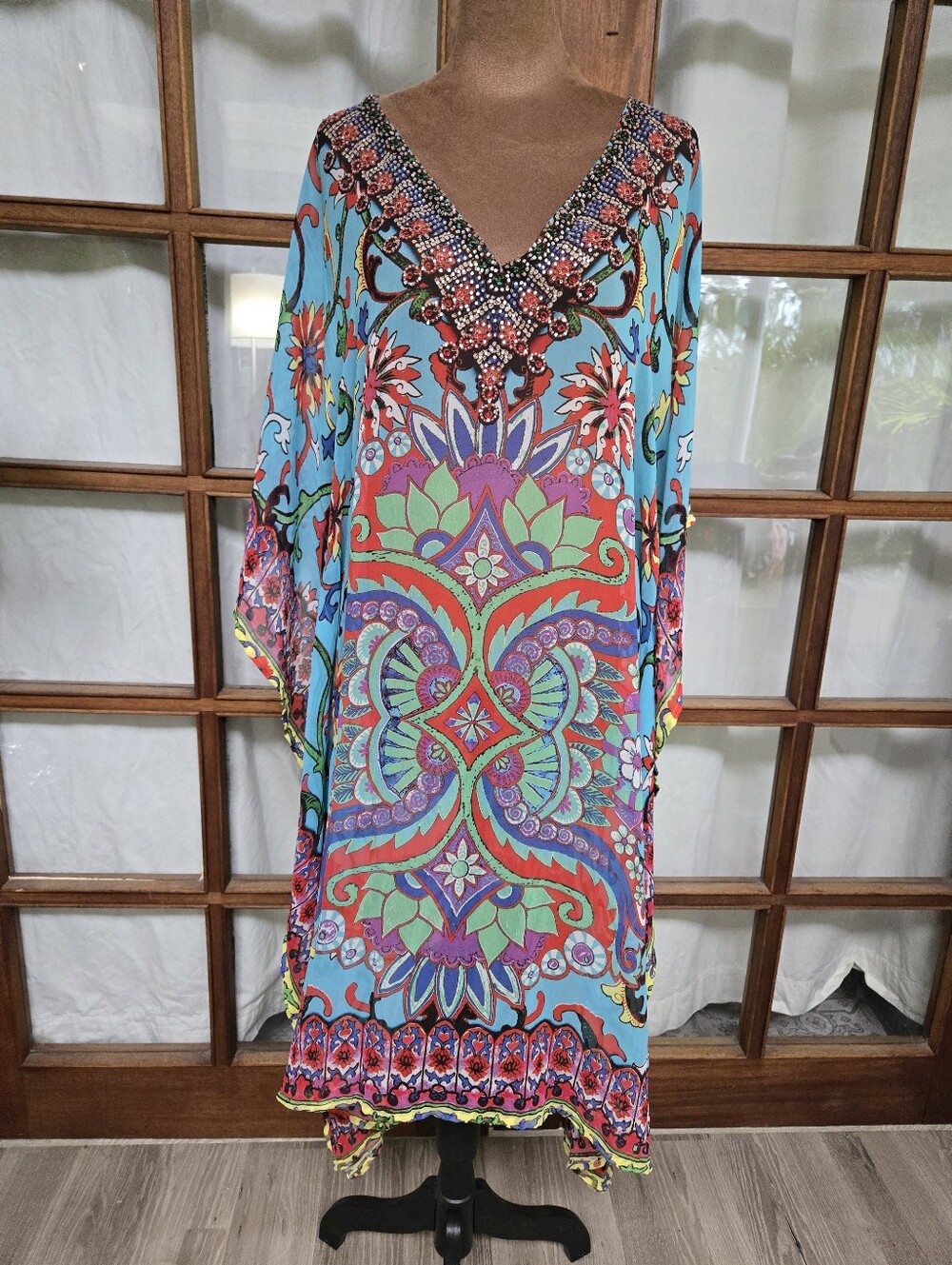 V-Neck Turquoise Floral-Print Women's Swim Coverup